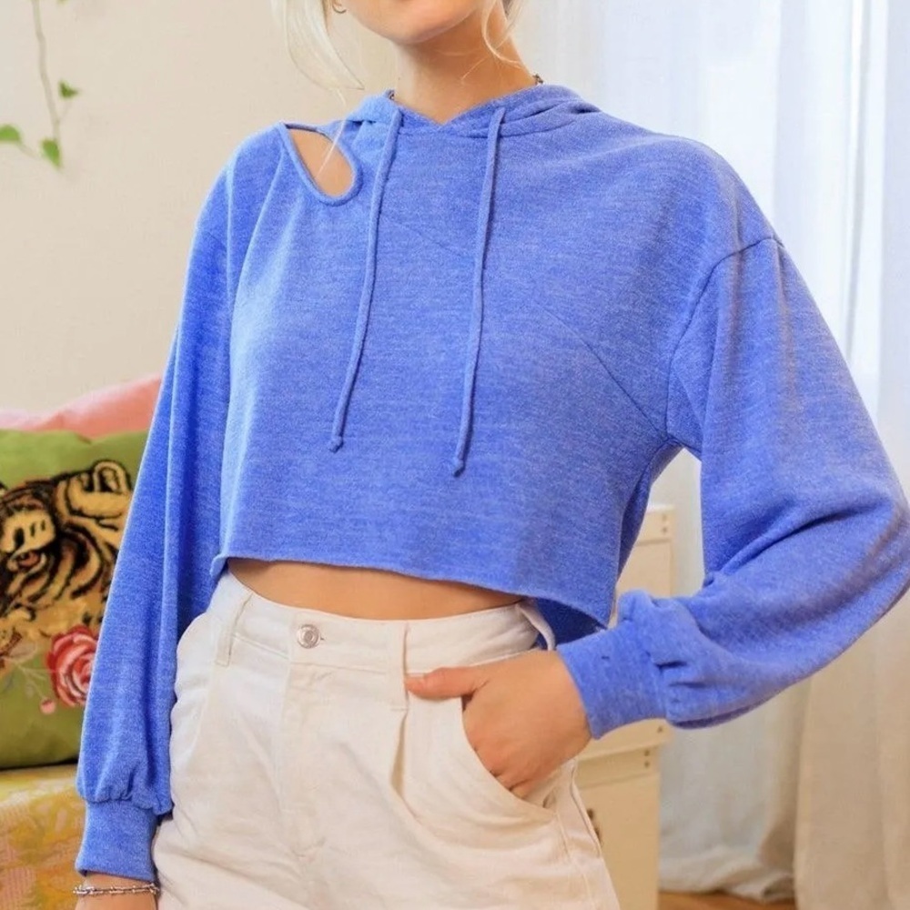 Blue Cropped Cut Out Hoodie